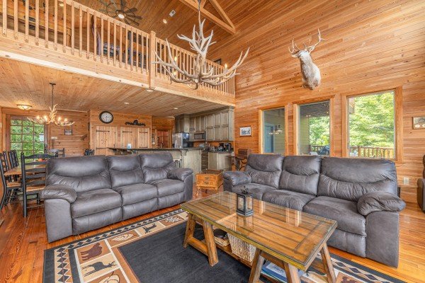 Living room seating at Sky View, A 4 bedroom cabin rental in Pigeon Forge