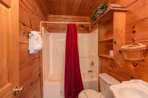 First floor bathroom at Aw Paw's Place, a 1-bedroom cabin rental located in Pigeon Forge