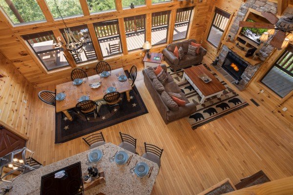 Looking down at the main floor at Endless View, a 4 bedroom cabin rental located in Pigeon Forge