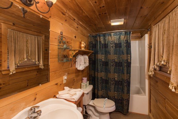second bathroom with a tub and shower at all that jazz a 1 bedroom cabin rental located in pigeon forge