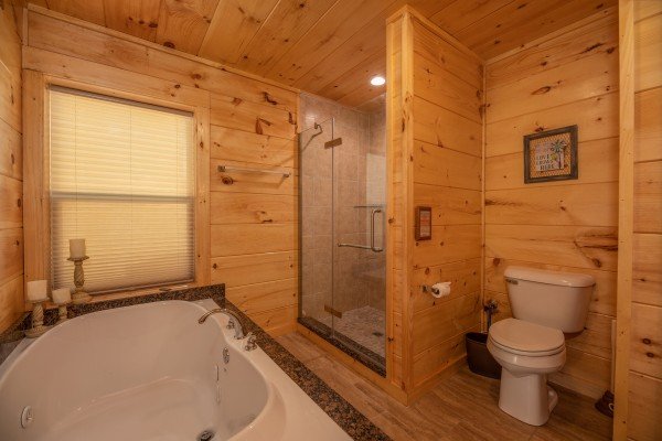 Bathroom with a shower stall and jacuzzi tub at Gar Bear's Hideaway, a 3 bedroom cabin rental located in Pigeon Forge