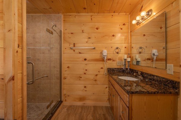 Bathroom with a large shower at Gar Bear's Hideaway, a 3 bedroom cabin rental located in Pigeon Forge