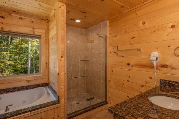 Jacuzzi and glass shower in a bathroom at Gar Bear's Hideaway, a 3 bedroom cabin rental located in Pigeon Forge
