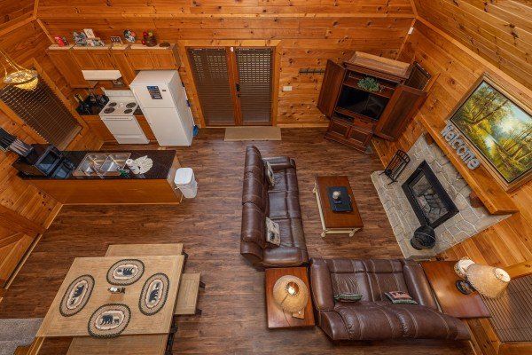 Aerial view of the living room, dining space, and kitchen at Lakeview Point, a 2 bedroom cabin rental located in Douglas Lake