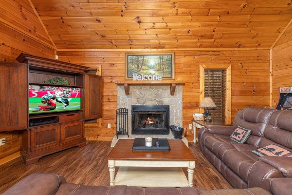 Fireplace and TV in a living room at Lakeview Point, a 2 bedroom cabin rental located in Douglas Lake