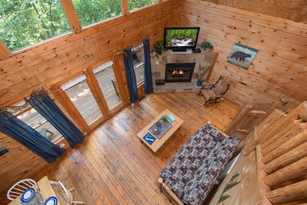 Looking down at the living room at My Blue Heaven, a 1 bedroom cabin rental located in Gatlinburg