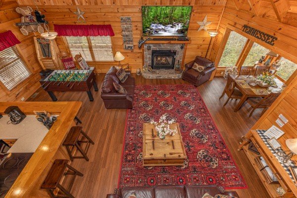 Aerial living room view at Bearfoot Adventure, a Gatlinburg Cabin rental