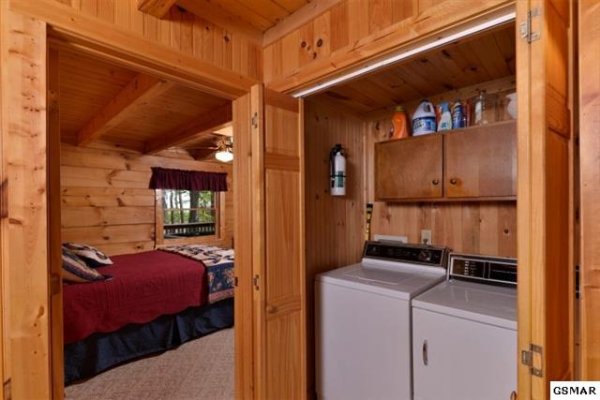 Washer and dryer on the first floor at bearfoot adventure a 2 bedroom cabin rental located in gatlinburg
