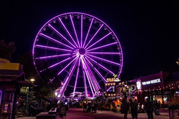 The Island ferris wheel at night is near Tip Top View, a 3 bedroom cabin rental located in Pigeon Forge