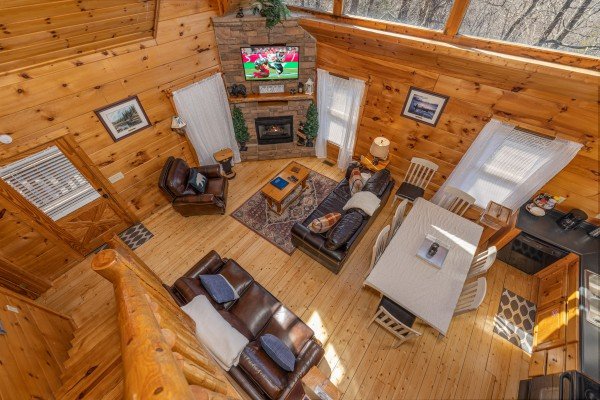 Looking down at the living room at Tip Top View, a 3 bedroom cabin rental located in Pigeon Forge