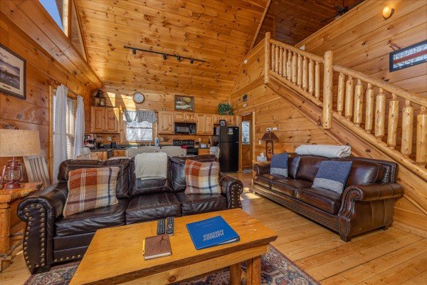 Two sofas in the living room at Tip Top View, a 3 bedroom cabin rental located in Pigeon Forge