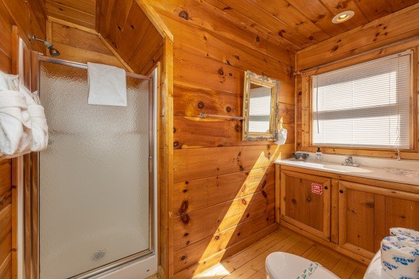 Bathroom with a walk in shower at Tip Top View, a 3 bedroom cabin rental located in Pigeon Forge
