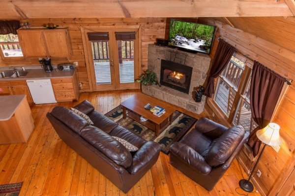 Looking down at the living room at Lincoln Logs, a 2 bedroom cabin rental located in Gatlinburg