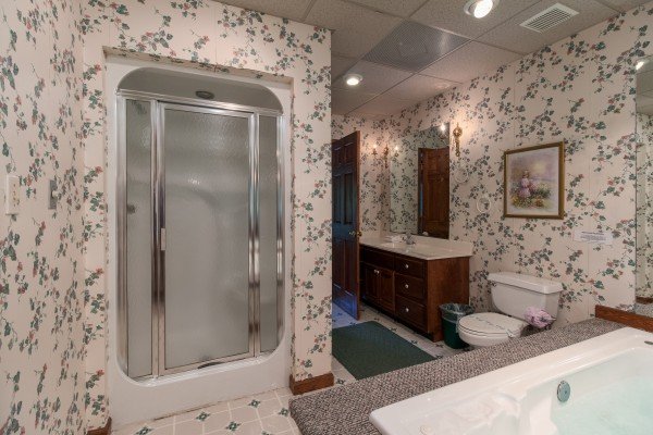 Bathroom with a shower and jacuzzi at Ain't Misbehaven, a 1 bedroom cabin rental located in Pigeon Forge