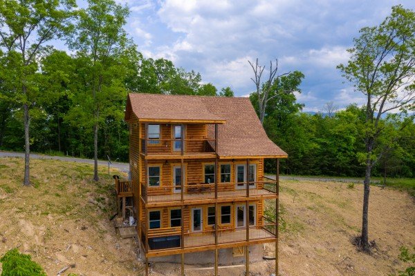 Back side of cabin as seen from a drone at 4 States View, a 2 bedroom cabin rental located in Pigeon Forge