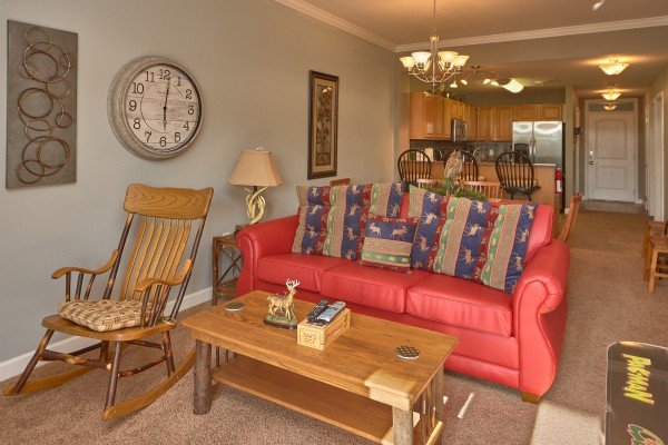 Living room and kitchen at River Dreamin', a 2 bedroom cabin rental located in Pigeon Forge