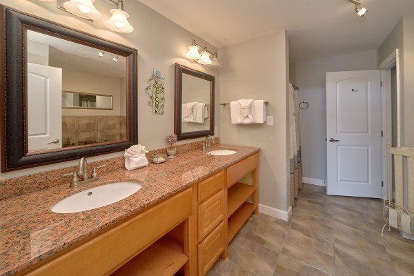 Bathroom with double sinks at River Dreamin', a 2 bedroom cabin rental located in Pigeon Forge