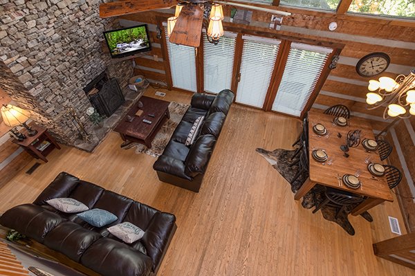 Looking down on the main floor at Soaring Heights, a 3 bedroom cabin rental located in Gatlinburg