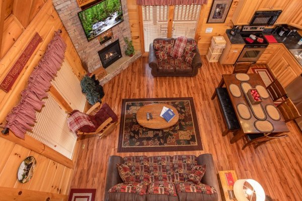 Overhead view of the living room at Bearfoot Memories, a 2-bedroom cabin rental located in Pigeon Forge