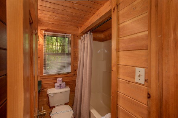 bathroom with tub and shower at angel's dream a 1 bedroom cabin rental located in gatlinburg