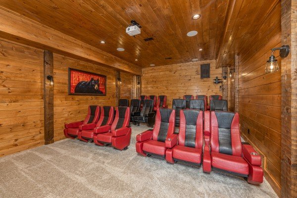 Home theater with seating for 18 at Black Bears & Biscuits Lodge, a 6 bedroom cabin rental located in Pigeon Forge