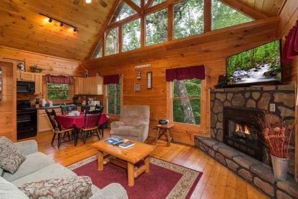 Living room with fireplace and TV at Cabin Sweet Cabin, a 1 bedroom cabin rental located in Gatlinburg