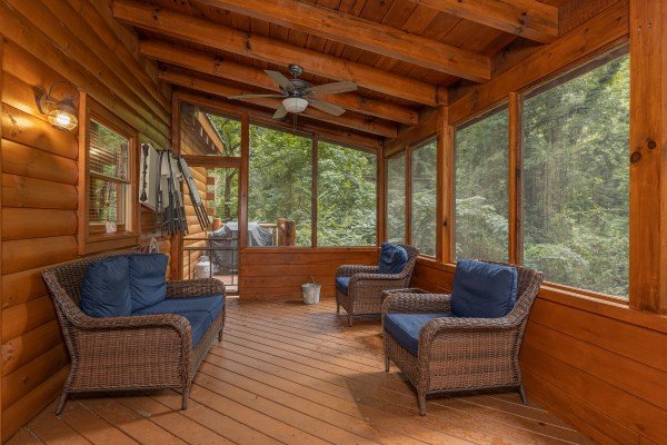 Screened in porch at King Wolf Lodge, a 3 bedroom cabin rental located in Pigeon Forge