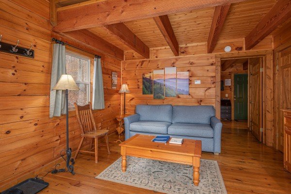 Living room loveseat and coffee table at Licklog Hollow, a 1 bedroom cabin rental located in Pigeon Forge
