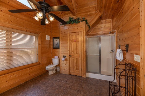Loft bathroom with shower stall at Bear Bottom Retreat, a 4 bedroom cabin rental located in Pigeon Forge