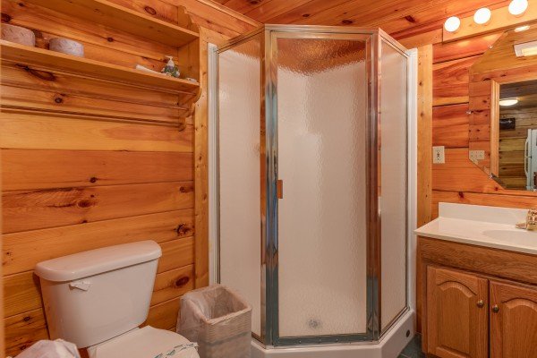 Shower stall in the bathroom at Just Us, a 1 bedroom cabin rental located in Pigeon Forge